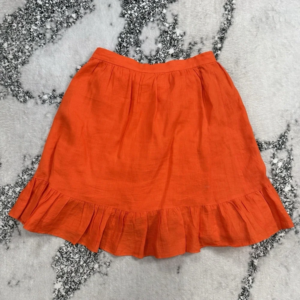 J Crew Linen Wrap Ruffle Skirt Bright Orange Womens Size 2‎ Vacation Resort Wear